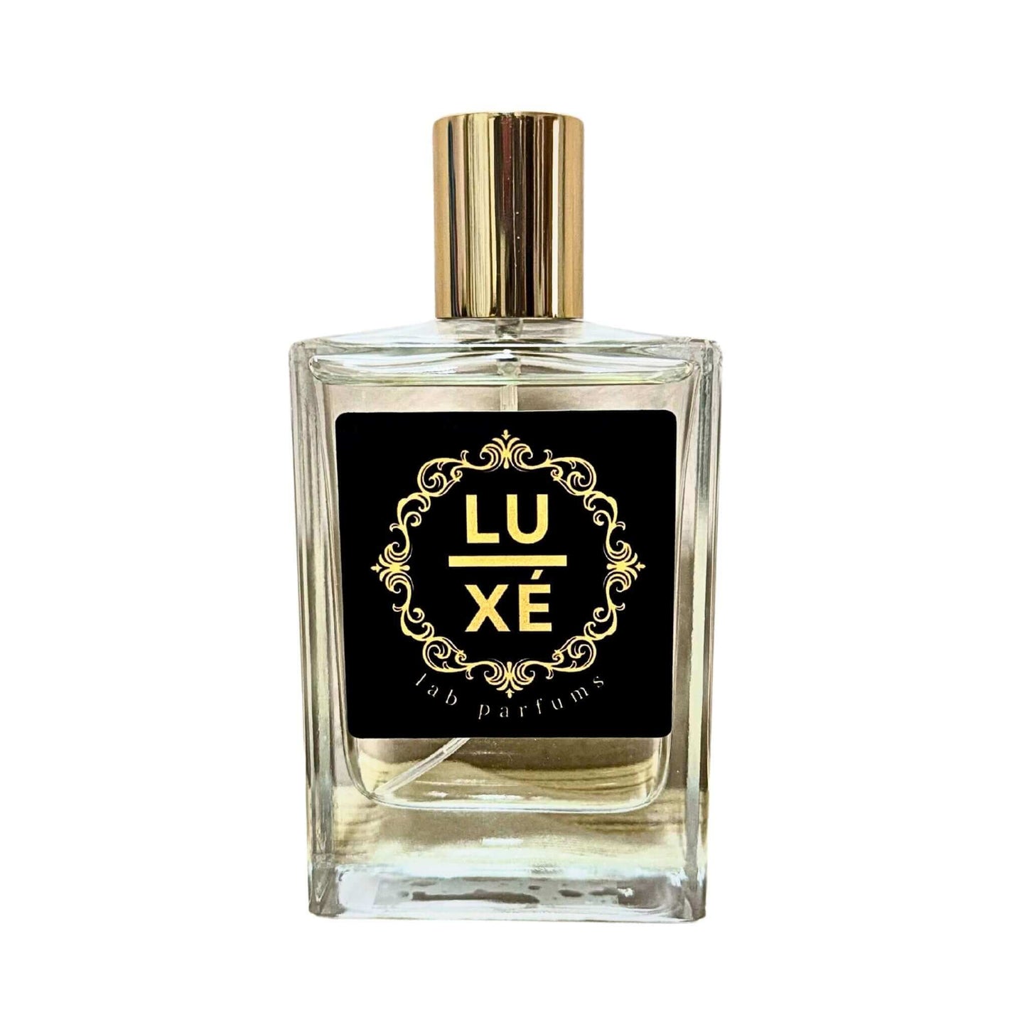 Flacon di profumo LUXÉ con etichetta elegante e tappo dorato, design raffinato e sofisticato.